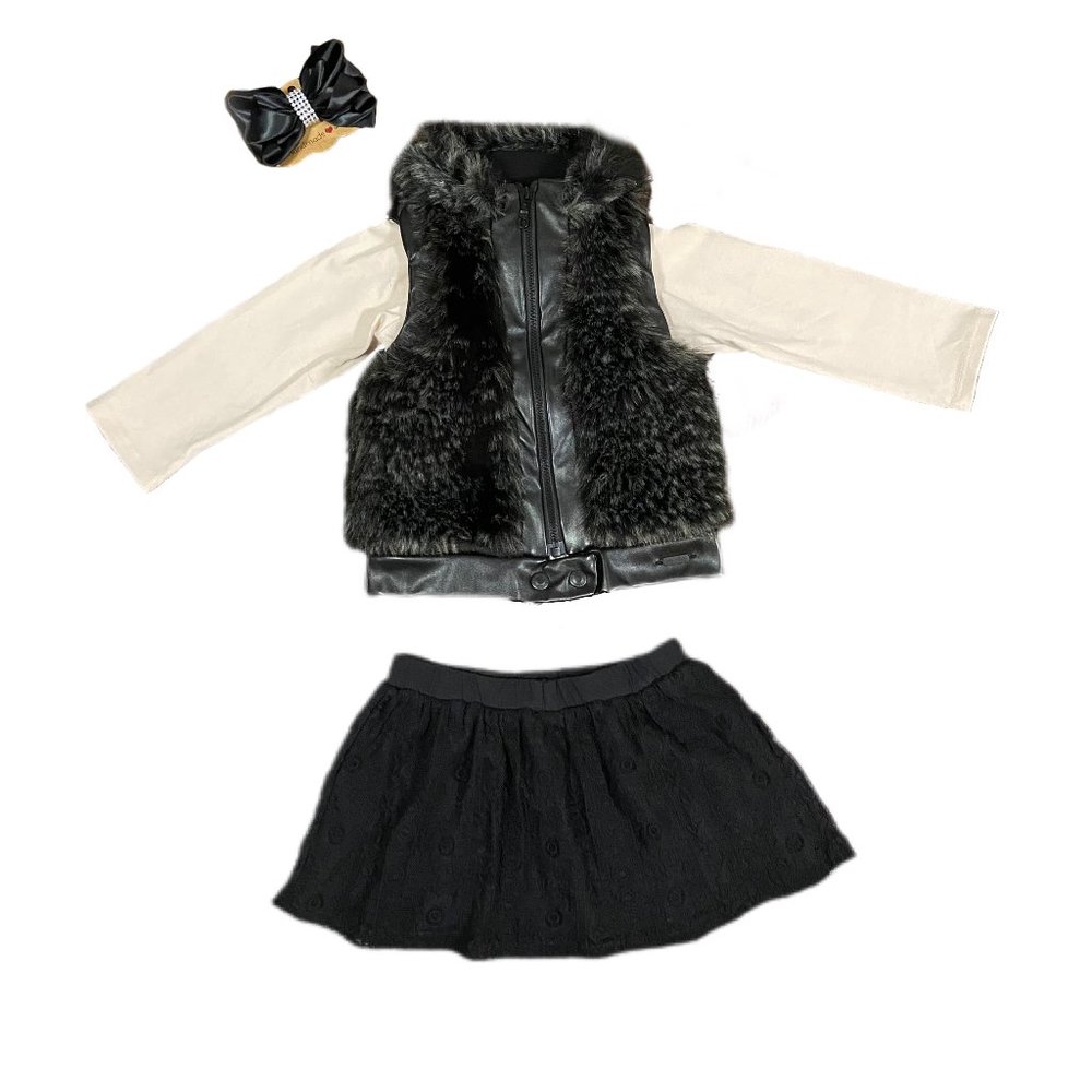 'Up Baby' Long Sleeve Top W/ Faux Fur Vest & Skirt
